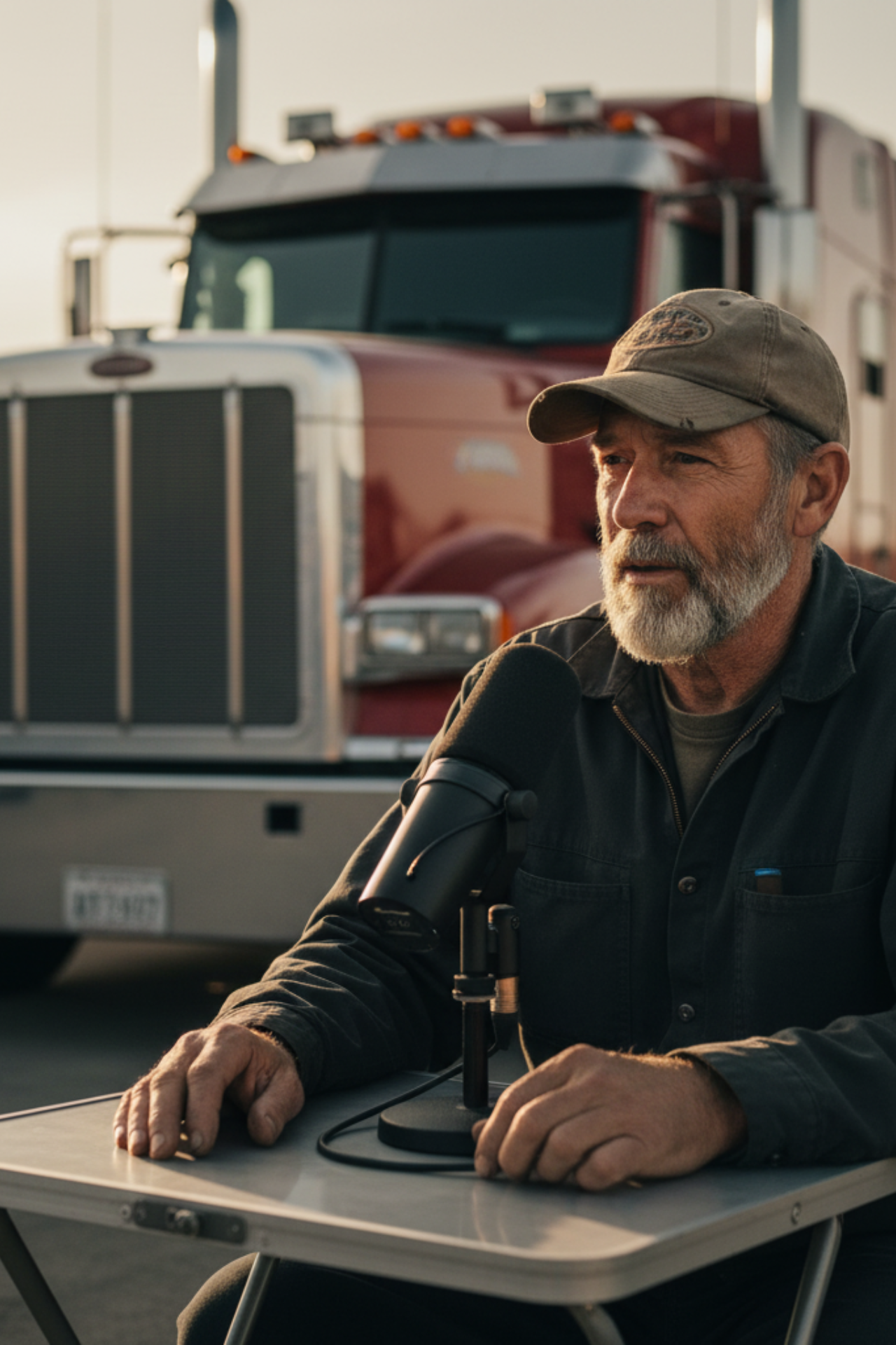 Truck driver recording a podcast interview with a microphone in front of a semi truck